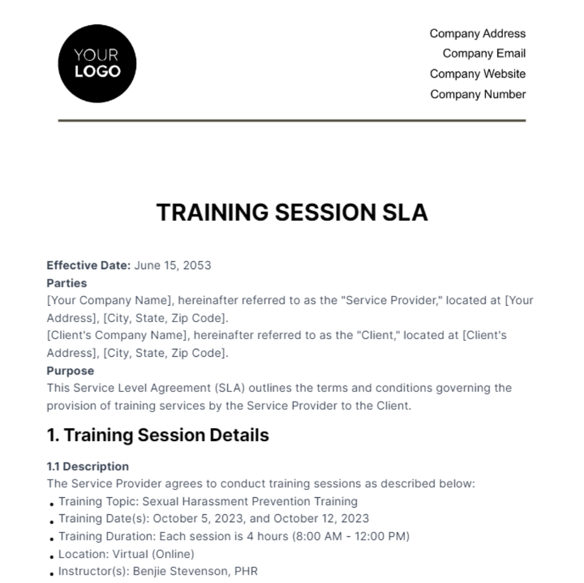 Training Session SLA HR Template - Edit Online & Download