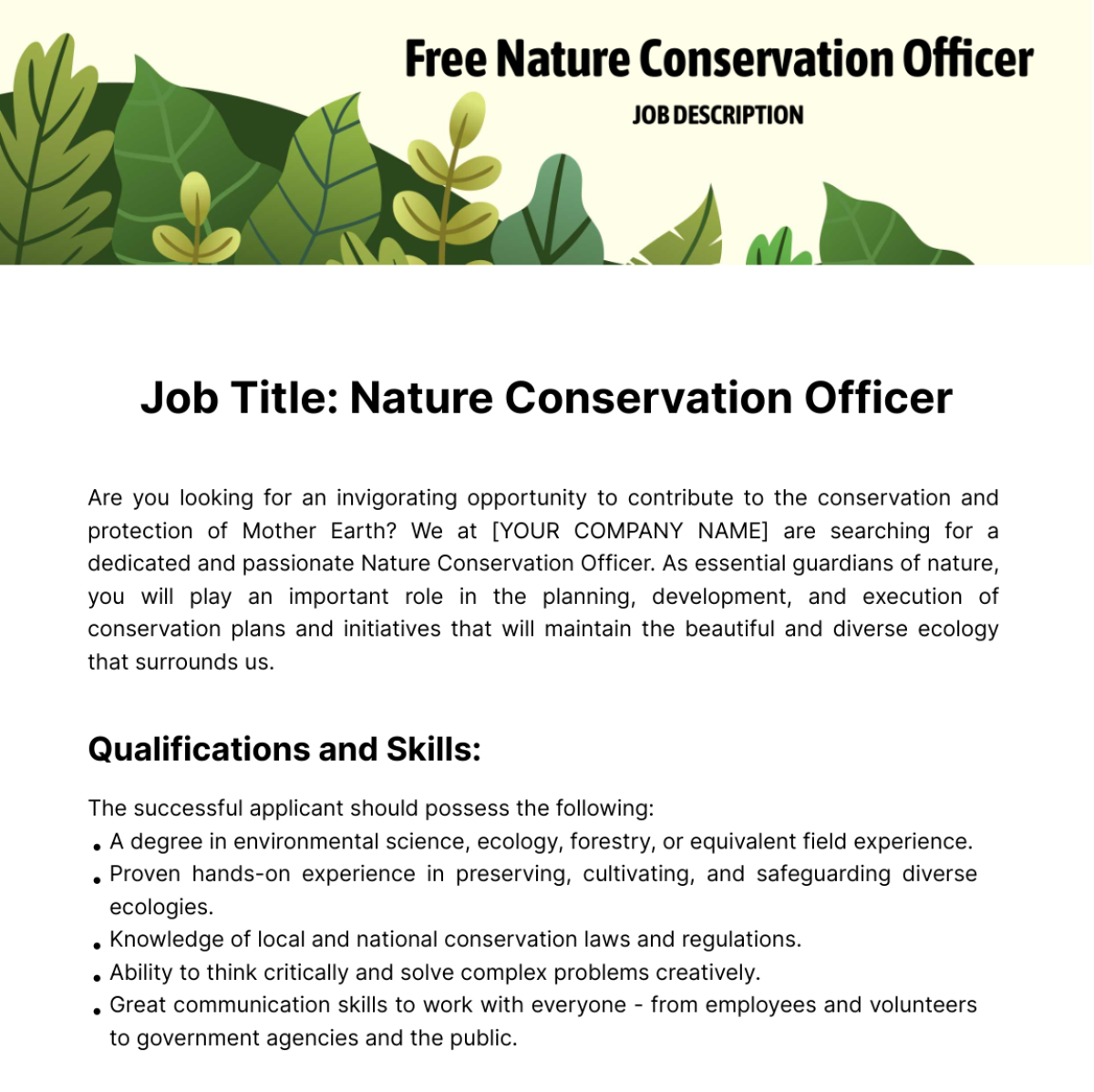 Free Nature Conservation Officer Job Description Template