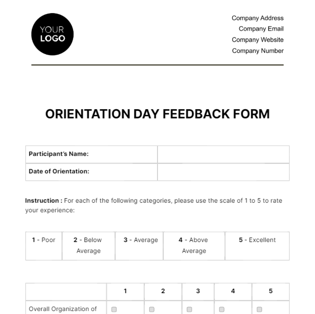 Orientation Day Feedback Form HR Template - Edit Online & Download