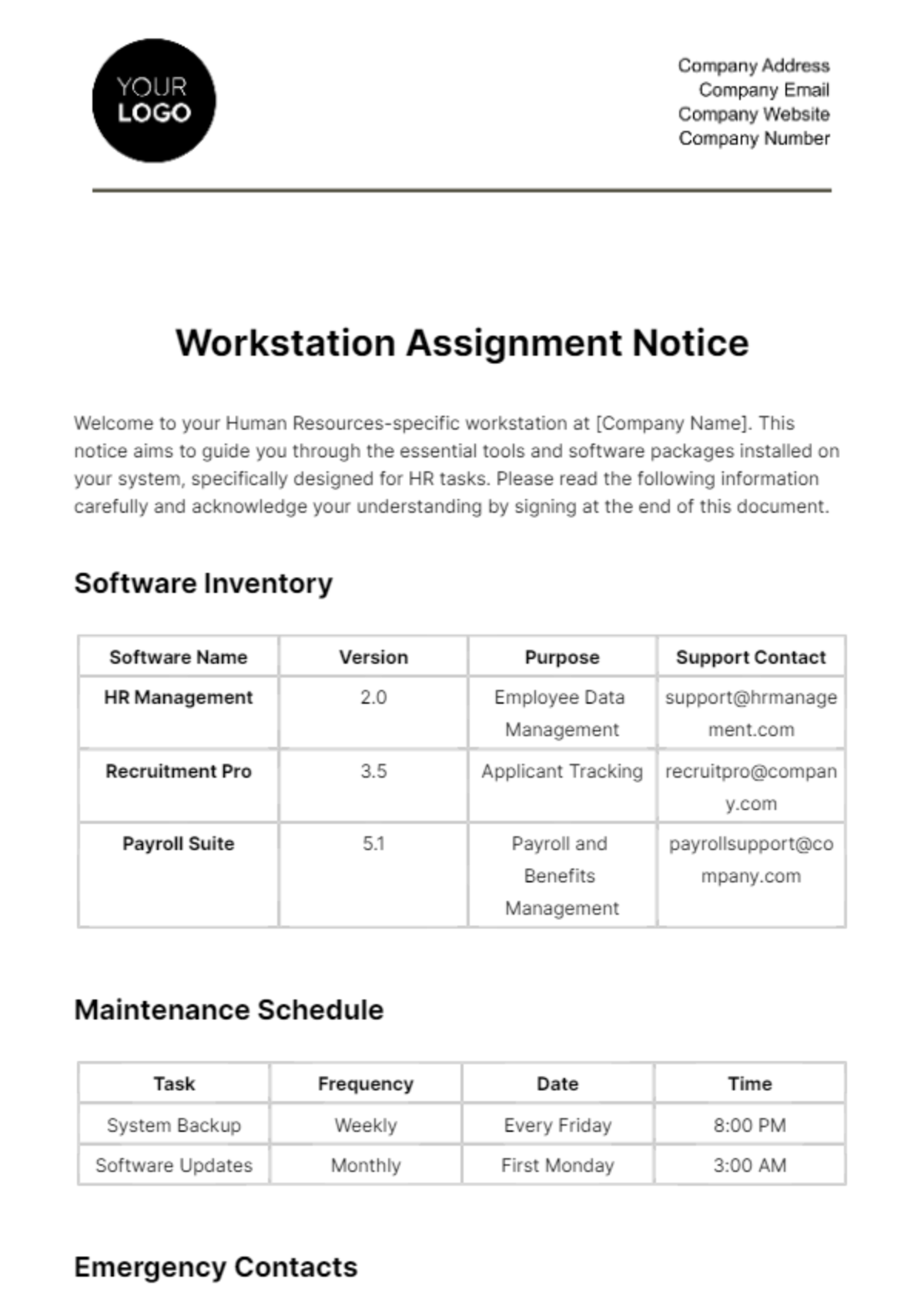 Workstation Assignment Notice HR Template