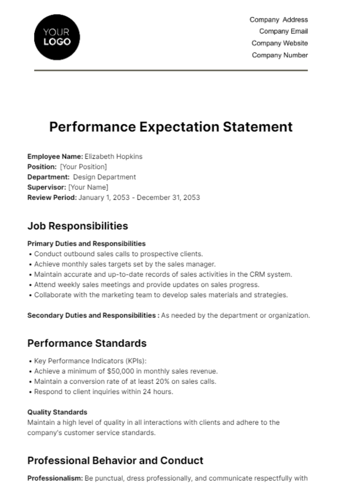 Performance Expectation Statement HR Template