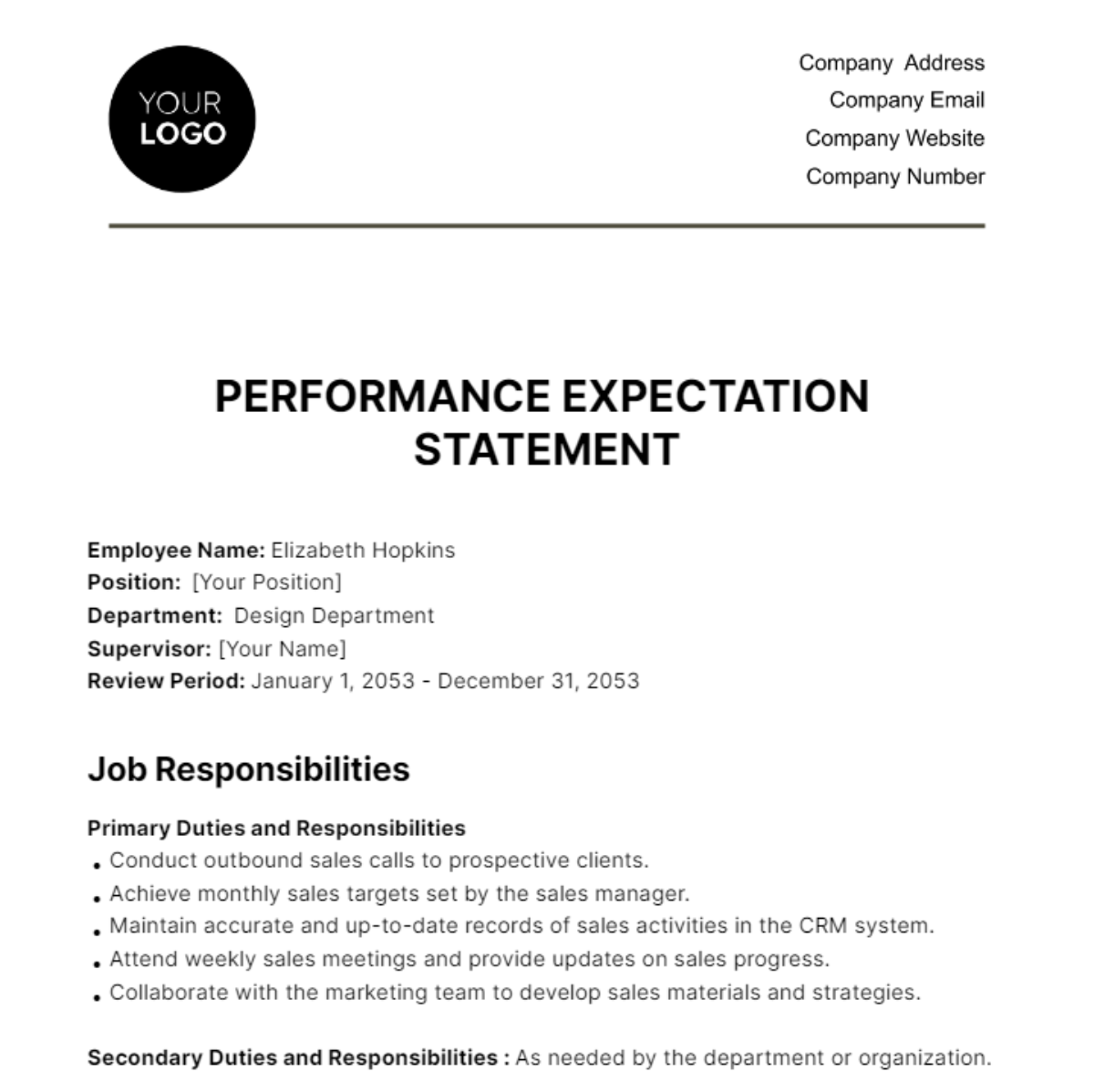 Performance Expectation Statement HR Template - Edit Online & Download