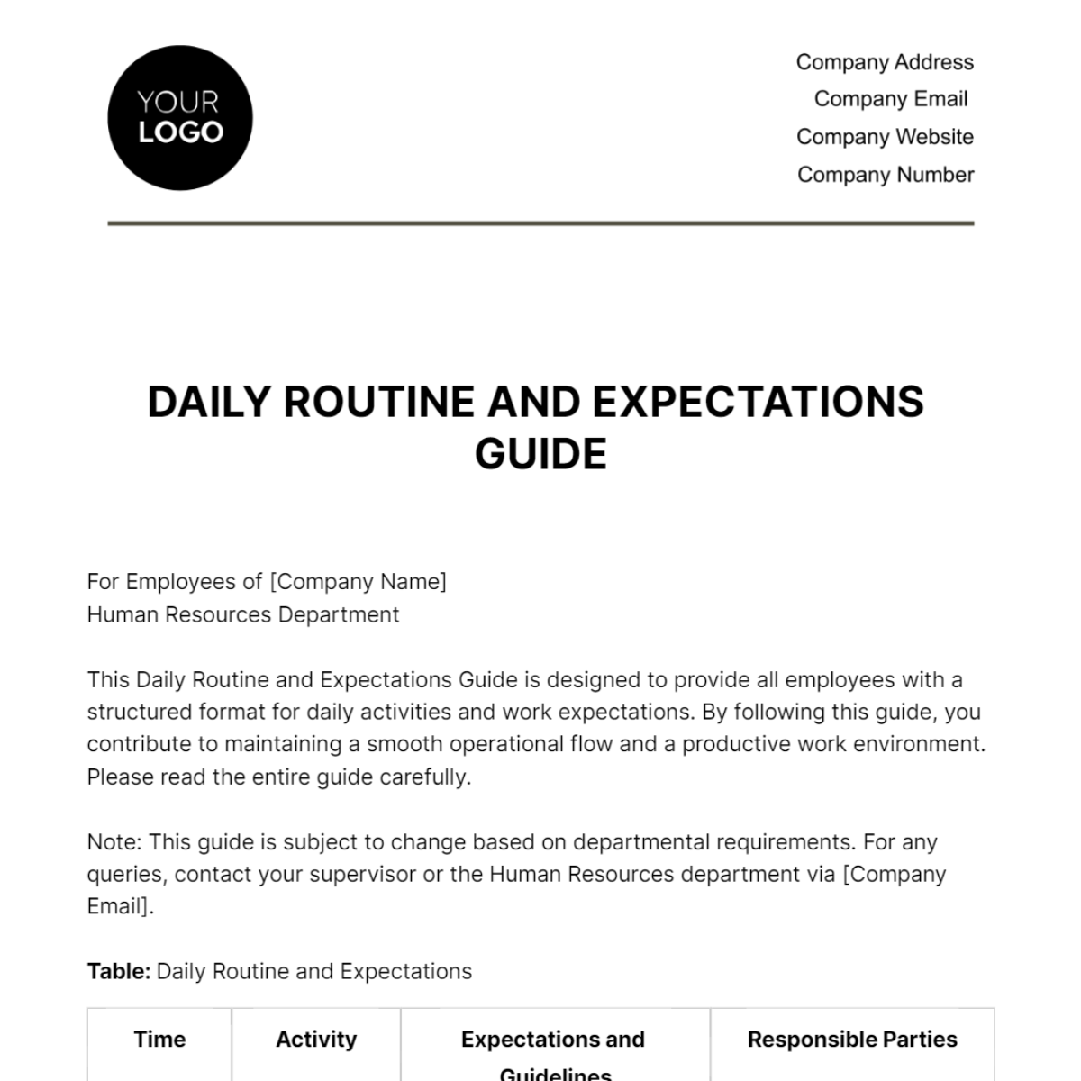 Daily Routine and Expectations Guide HR Template