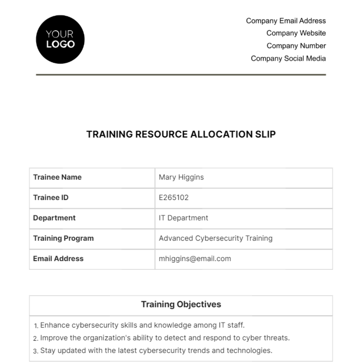 Training Resource Allocation Slip HR Template