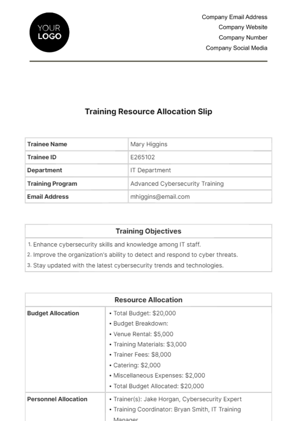 Free Training Resource Allocation Slip HR Template