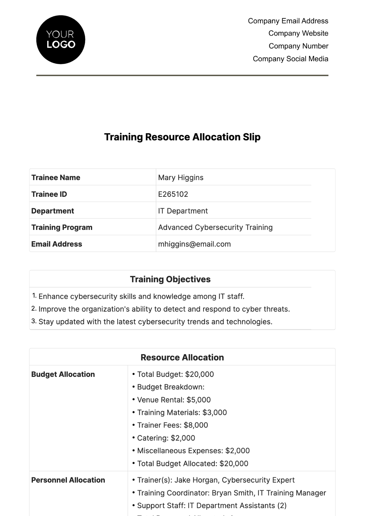 Free Training Resource Allocation Slip HR Template