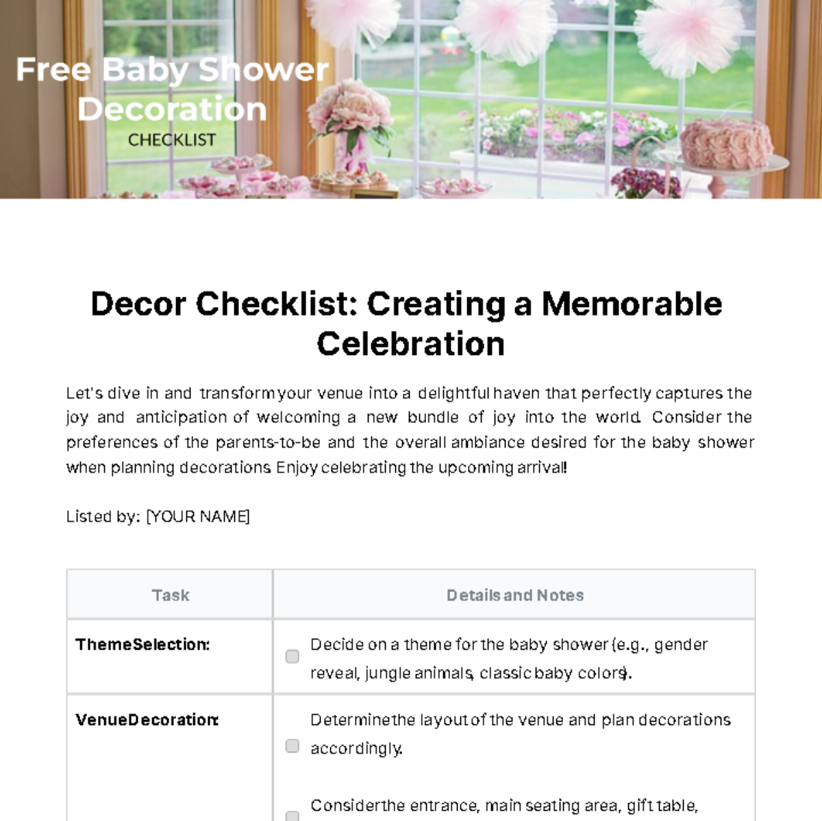 Baby Shower Decoration Checklist Template