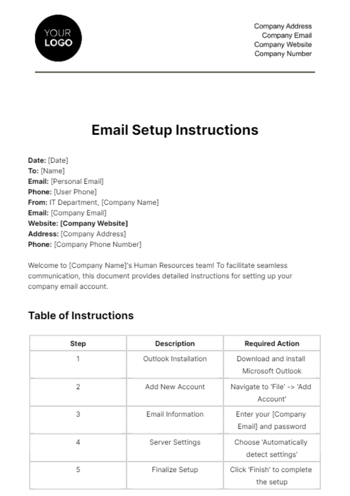 Email Setup Instructions HR Template