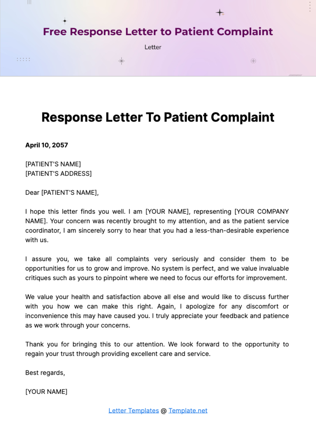 Free Response Letter to Patient Complaint Template