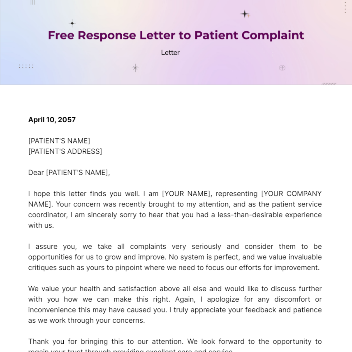 Free Response Letter to Patient Complaint