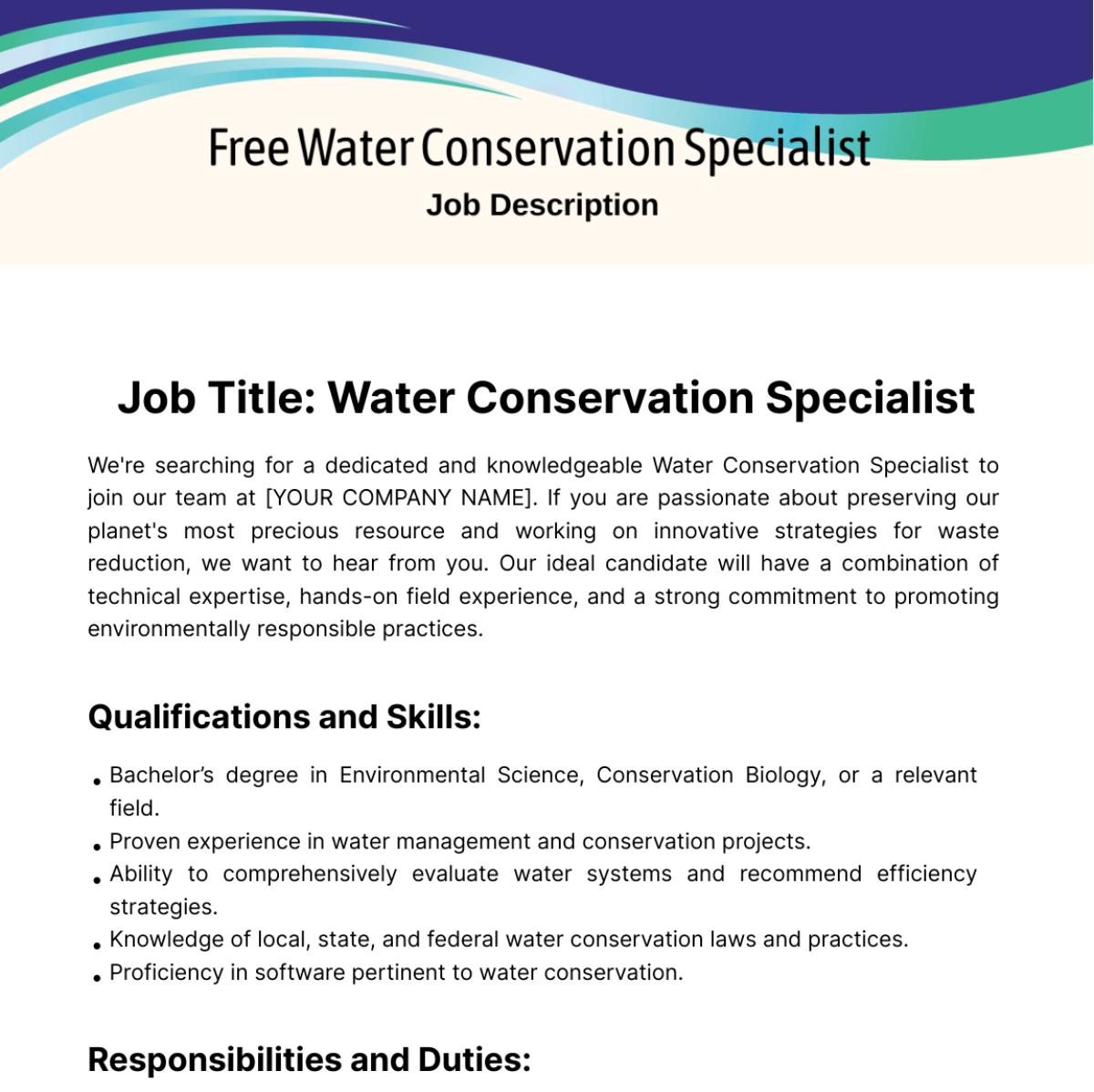 Water Conservation Specialist Job Description Template