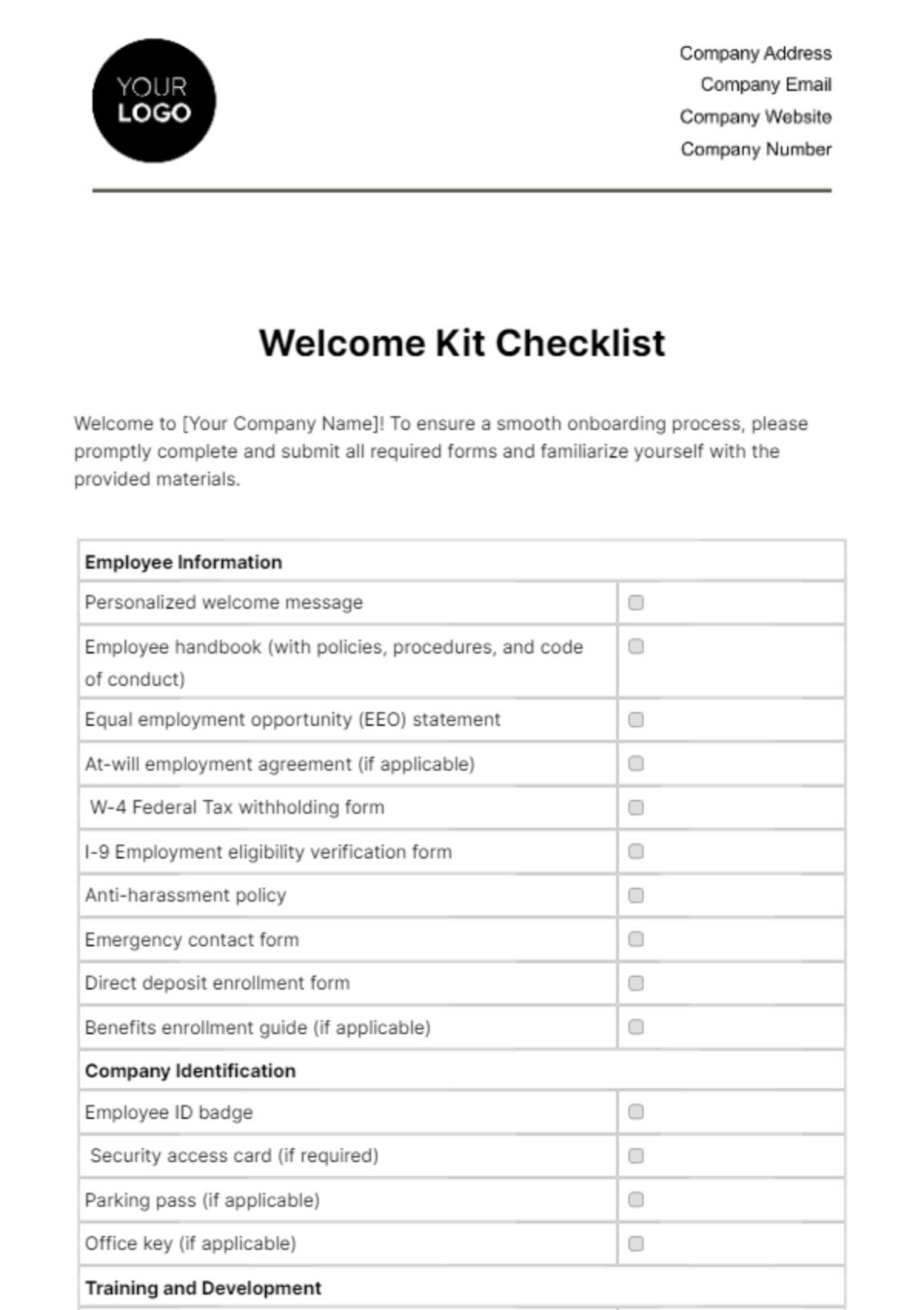 Free Welcome Kit Checklist HR Template