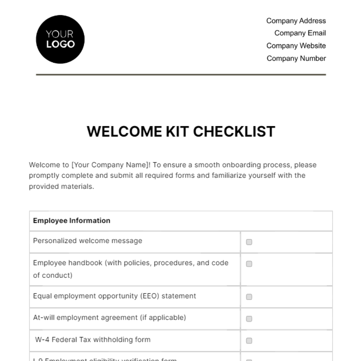 Welcome Kit Checklist HR Template