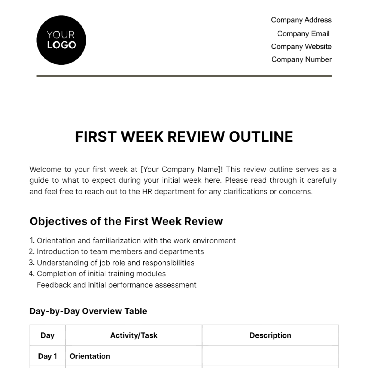 First Week Review Outline HR Template