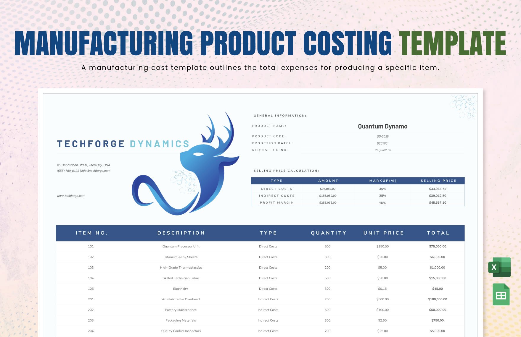 Manufacturing Product Costing Template in Excel, Google Sheets