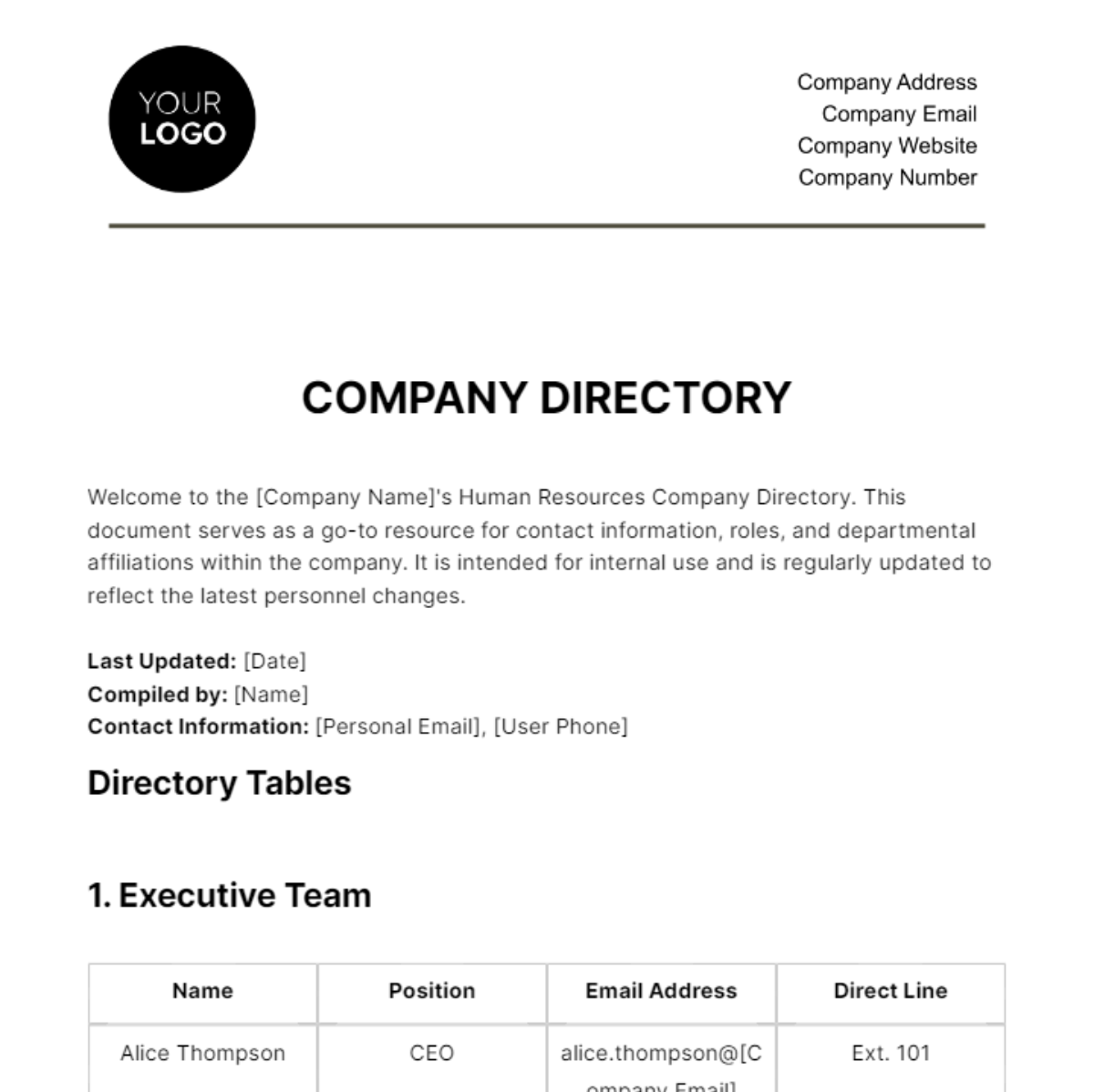 Company Directory HR Template - Edit Online & Download