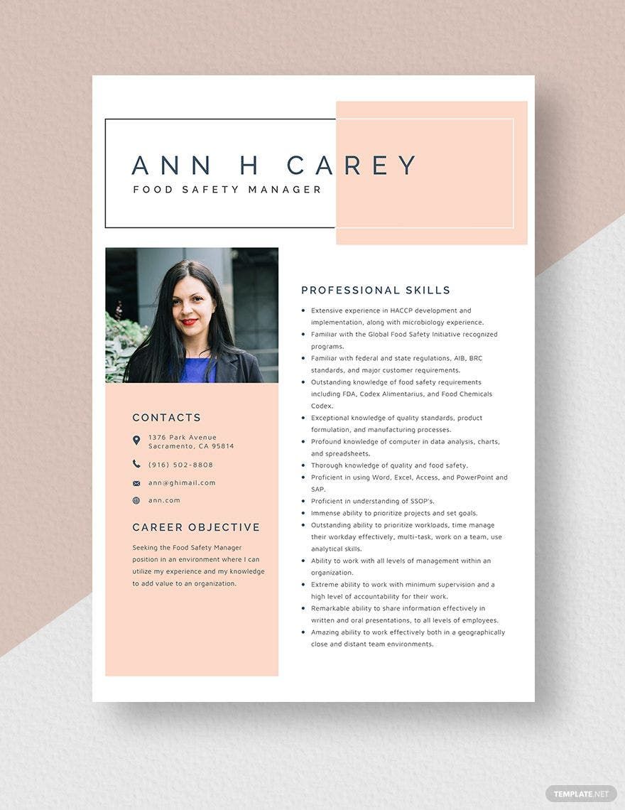 Food Safety Manager Resume In Pages Word Download Template