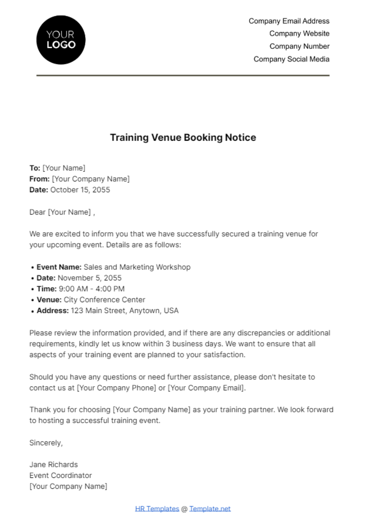 Training Venue Booking Notice HR Template