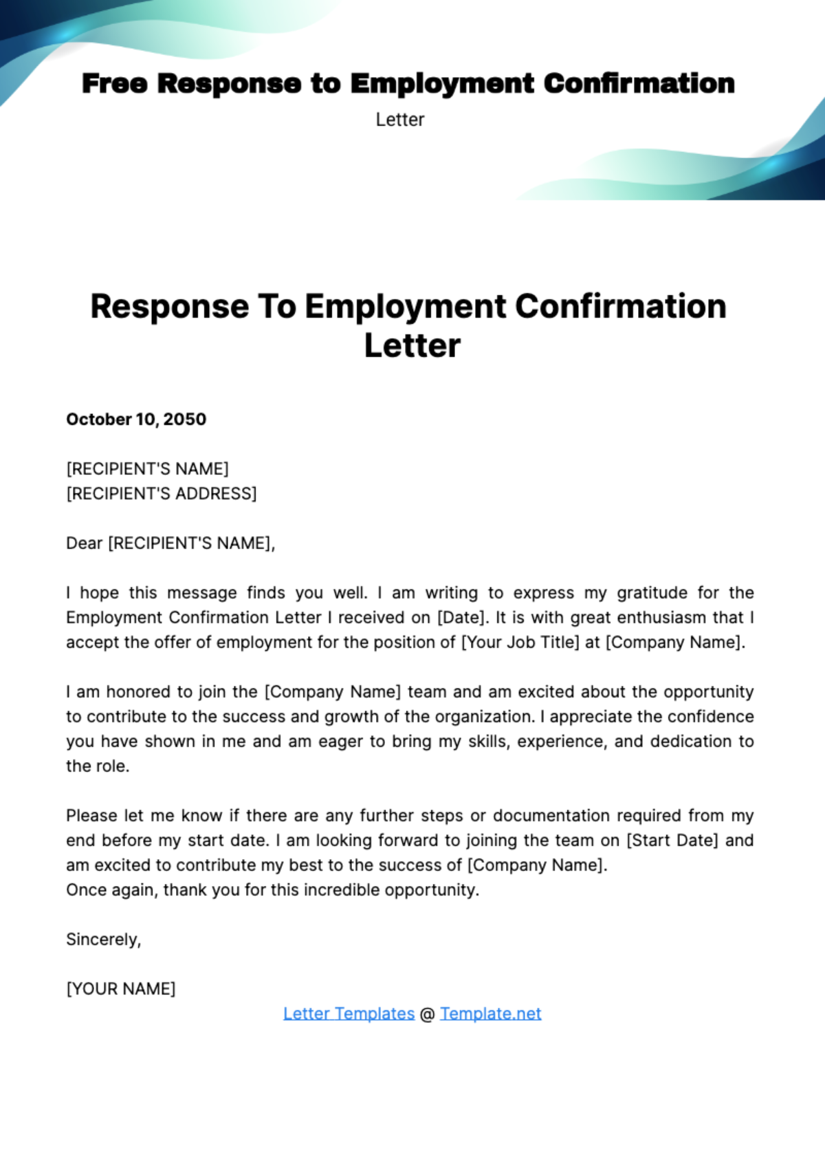 Free Response to Employment Confirmation Letter Template