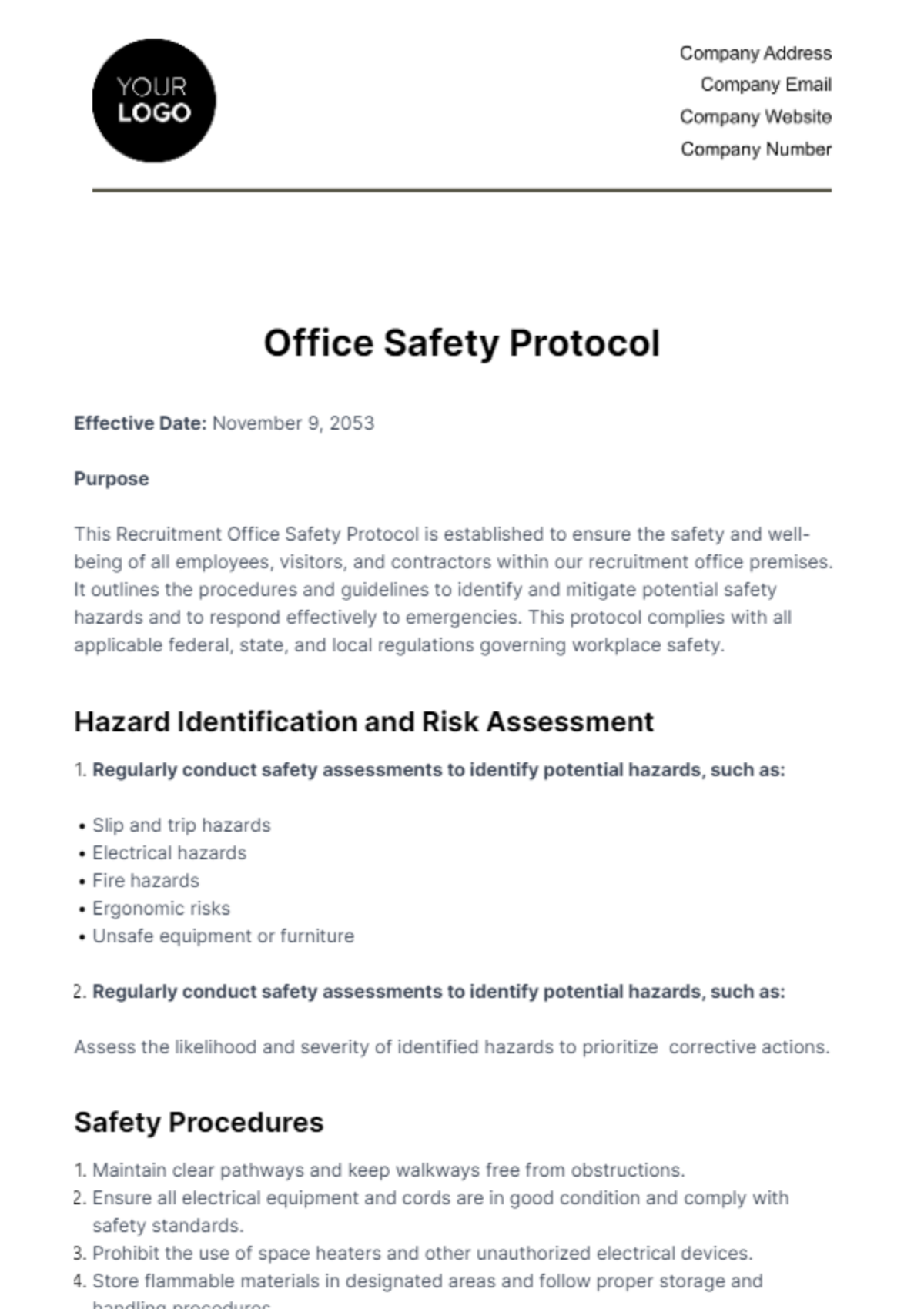 Office Safety Protocol HR Template