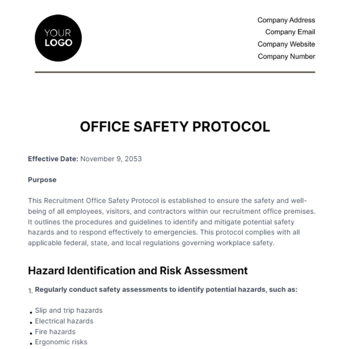 Office Safety Protocol HR Template - Edit Online & Download