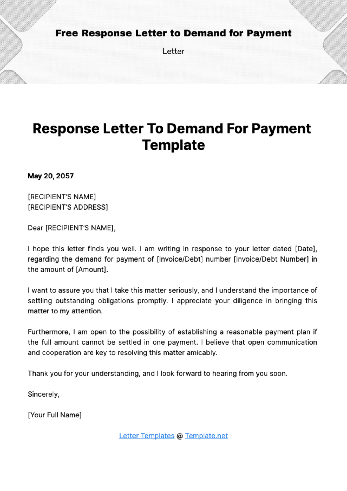 Free Response Letter to Demand for Payment Template