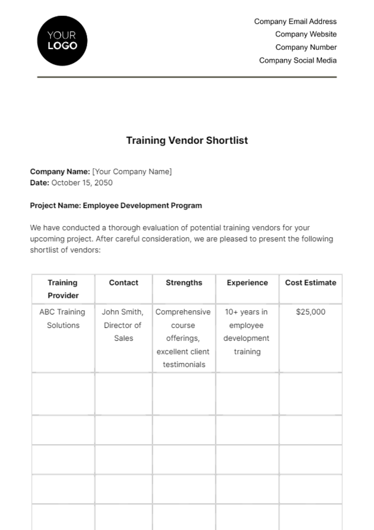 Free Training Vendor Shortlist HR Template