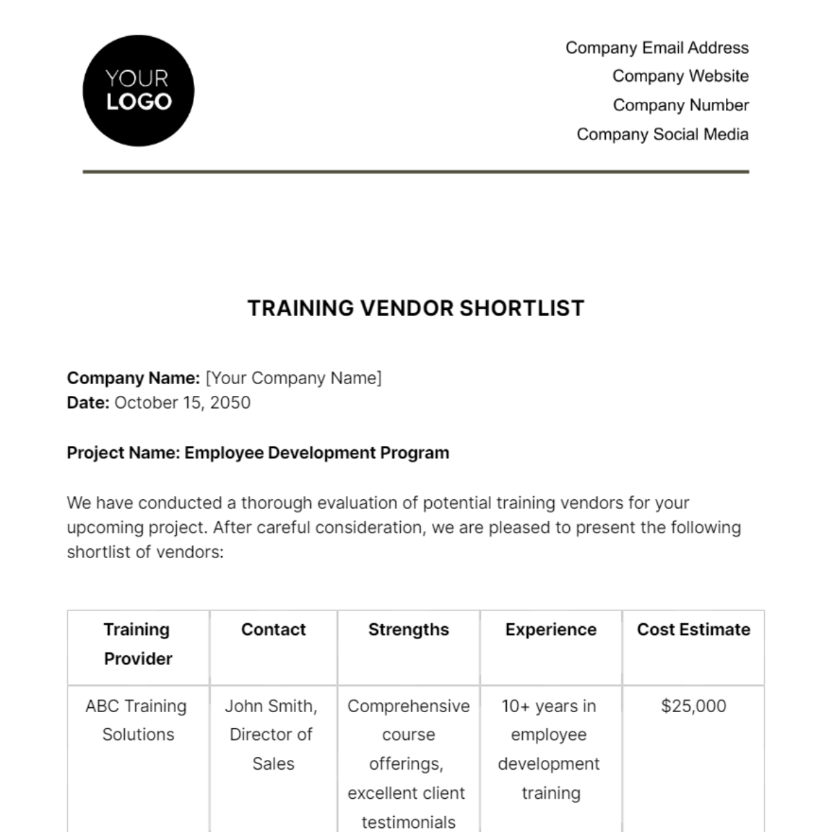 Training Vendor Shortlist HR Template - Edit Online & Download