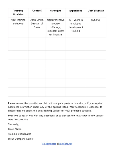Free Training Vendor Shortlist HR Template to Edit Online