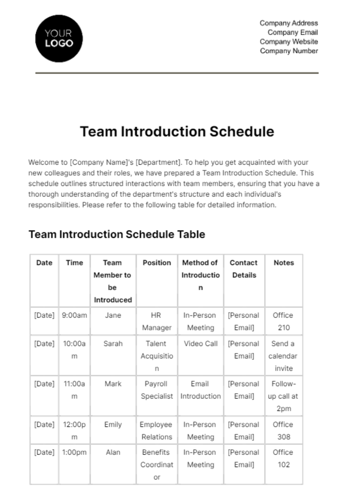 Team Introduction Schedule HR Template
