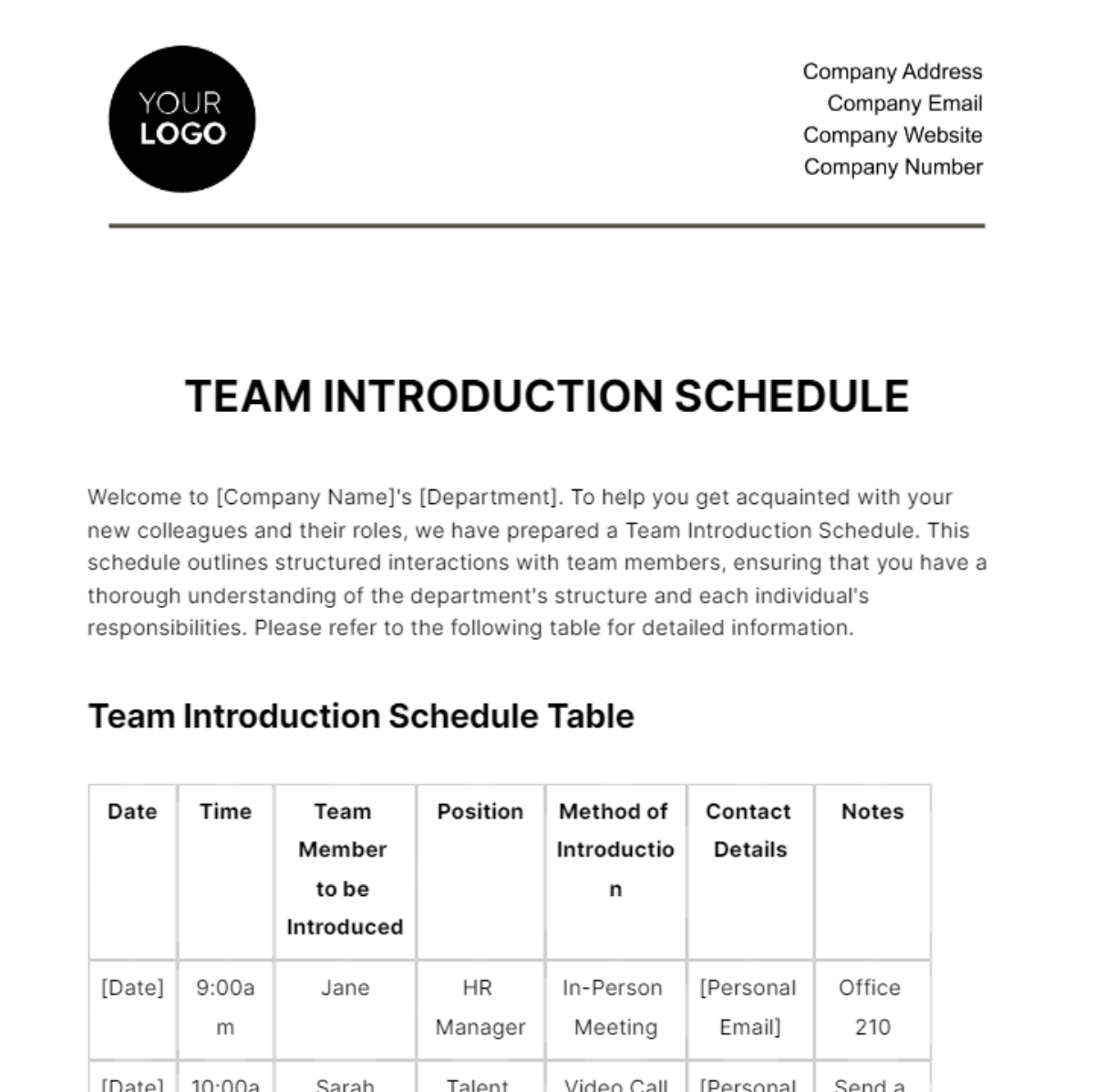 Team Introduction Schedule HR Template - Edit Online & Download