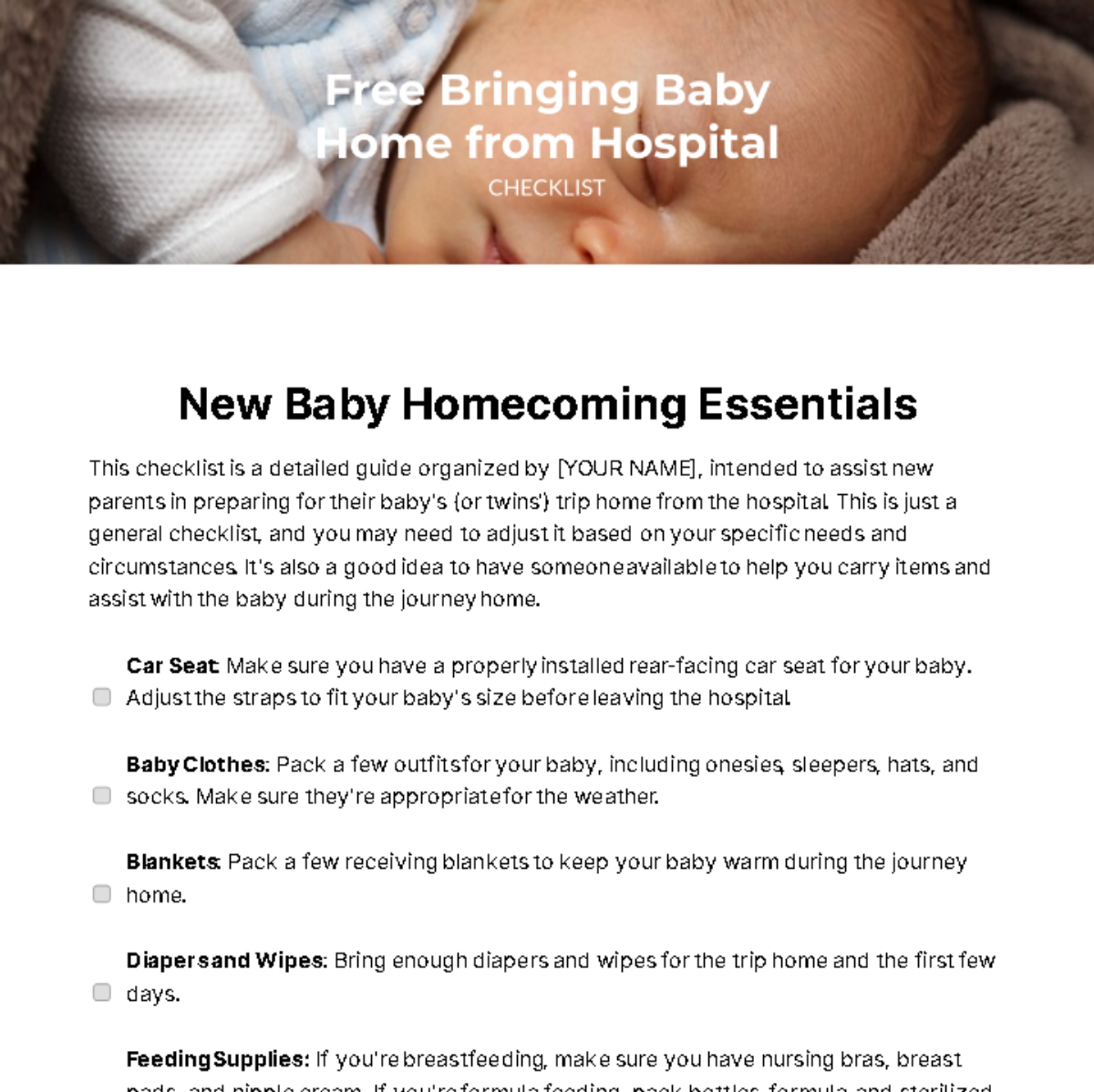 Bringing Baby Home from Hospital Checklist Template