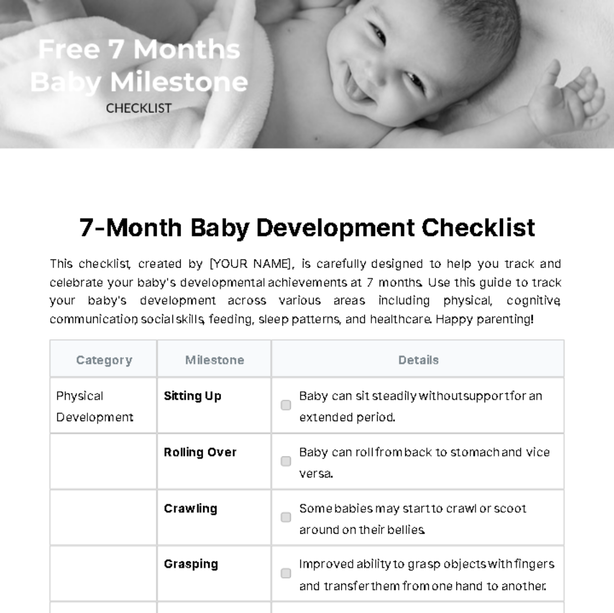 7 Months Baby Milestone Checklist Template