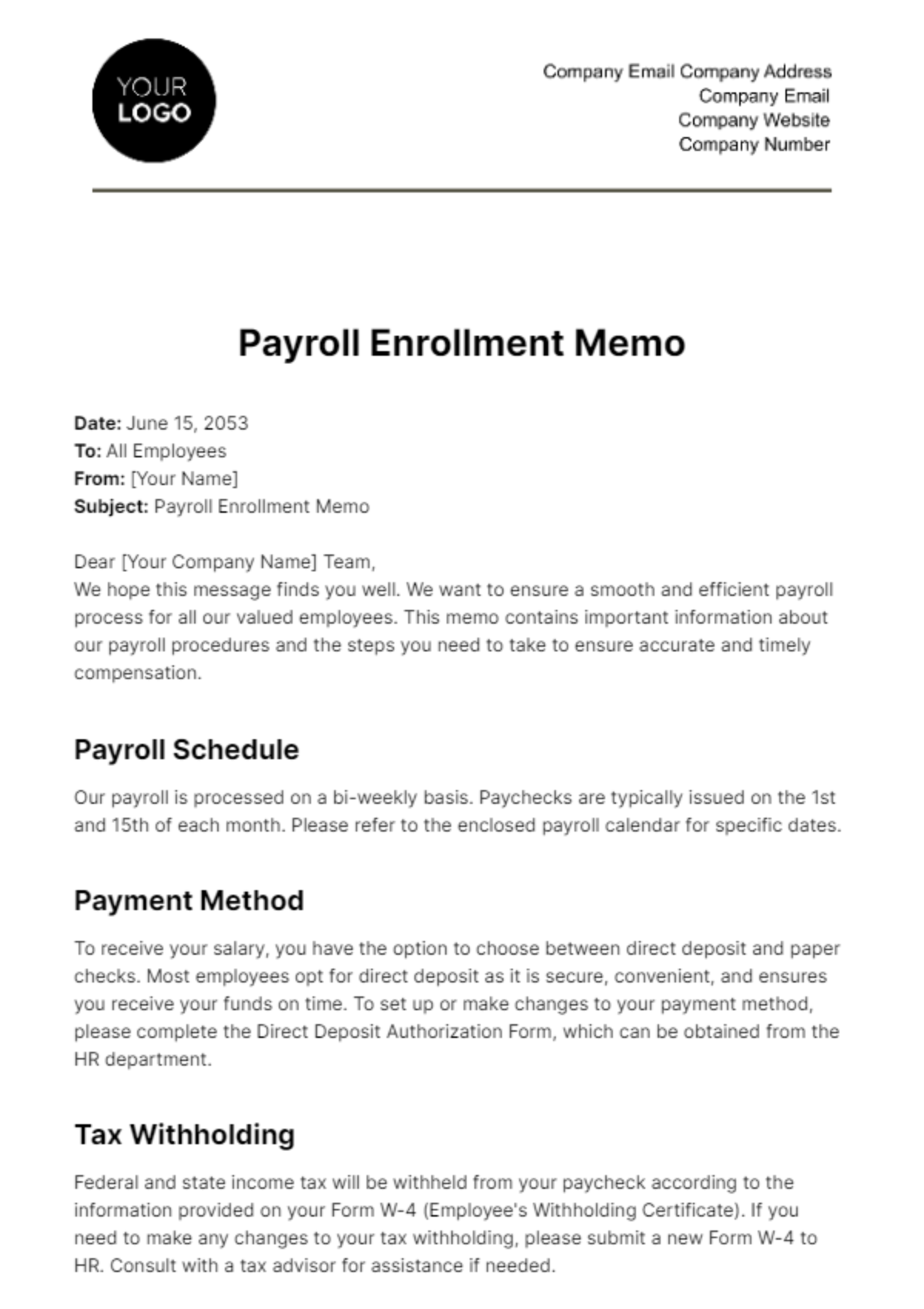 Payroll Enrollment Memo HR Template