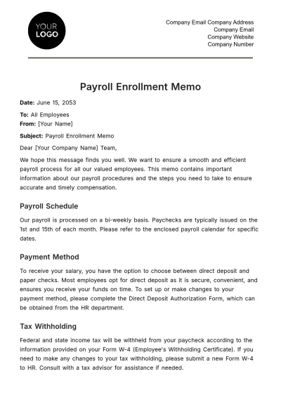 Free Payroll Enrollment Memo HR Template to Edit Online