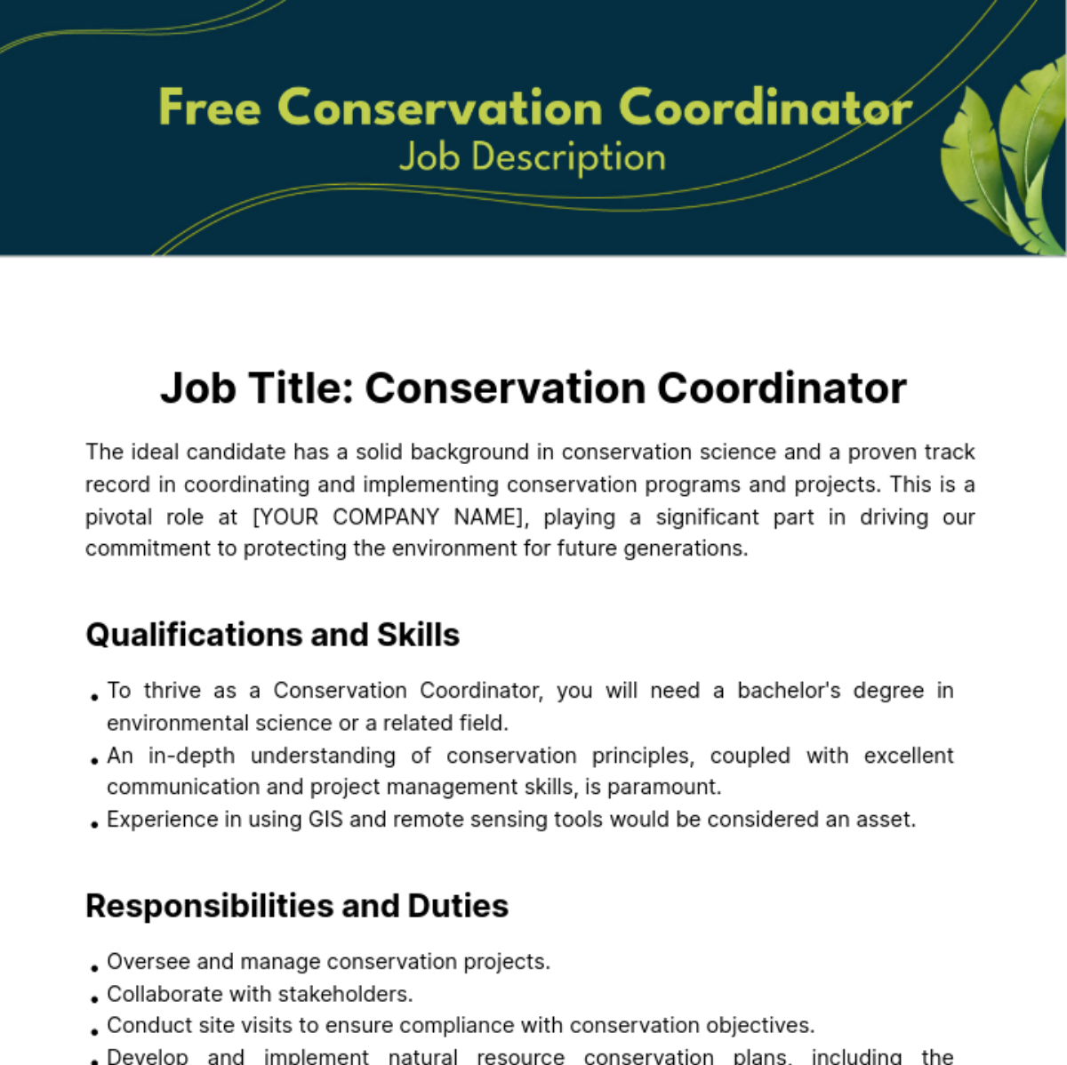 Free Conservation Coordinator Job Description Template
