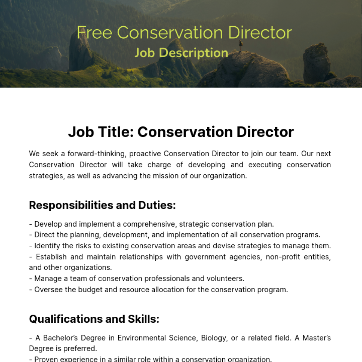 Free Conservation Director Job Description Template