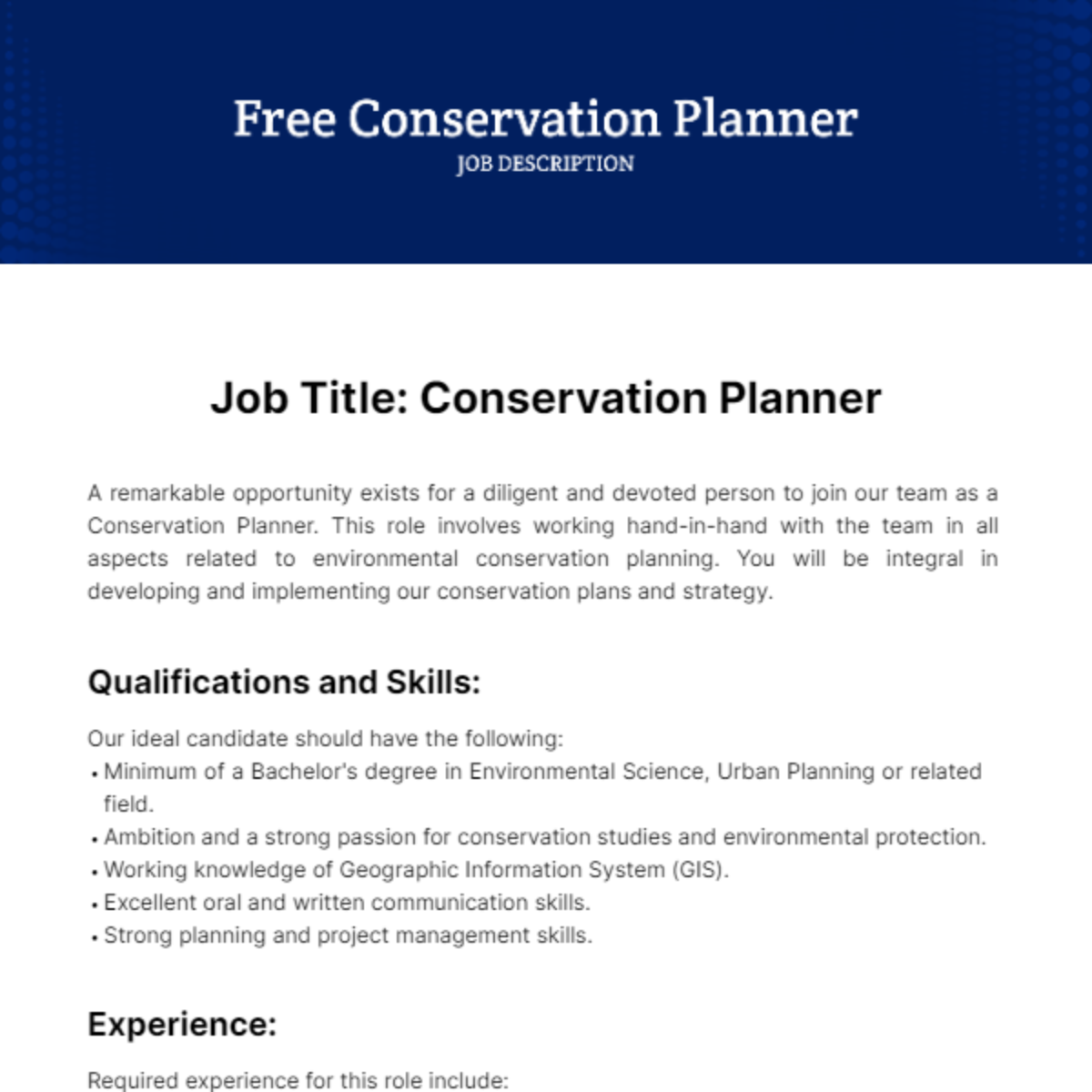 Free Conservation Planner Job Description Template