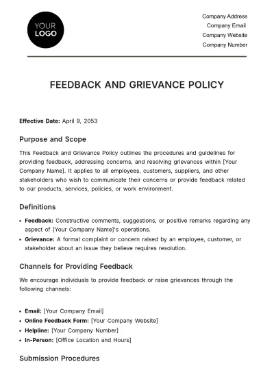 Free Feedback and Grievance Policy HR Template to Edit Online