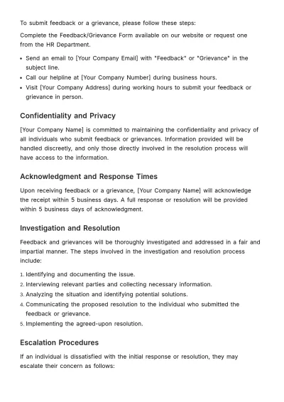 Free Feedback and Grievance Policy HR Template to Edit Online