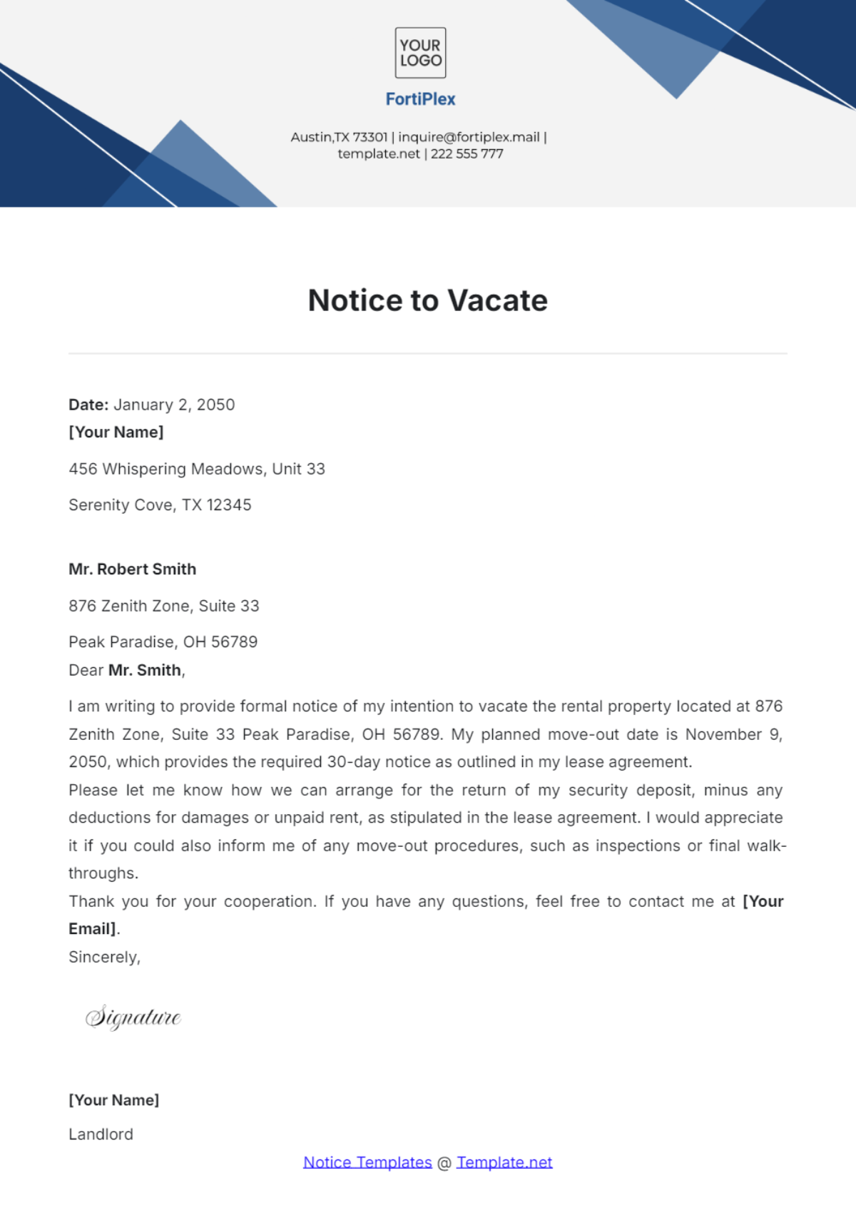 Free Notice to Vacate Template