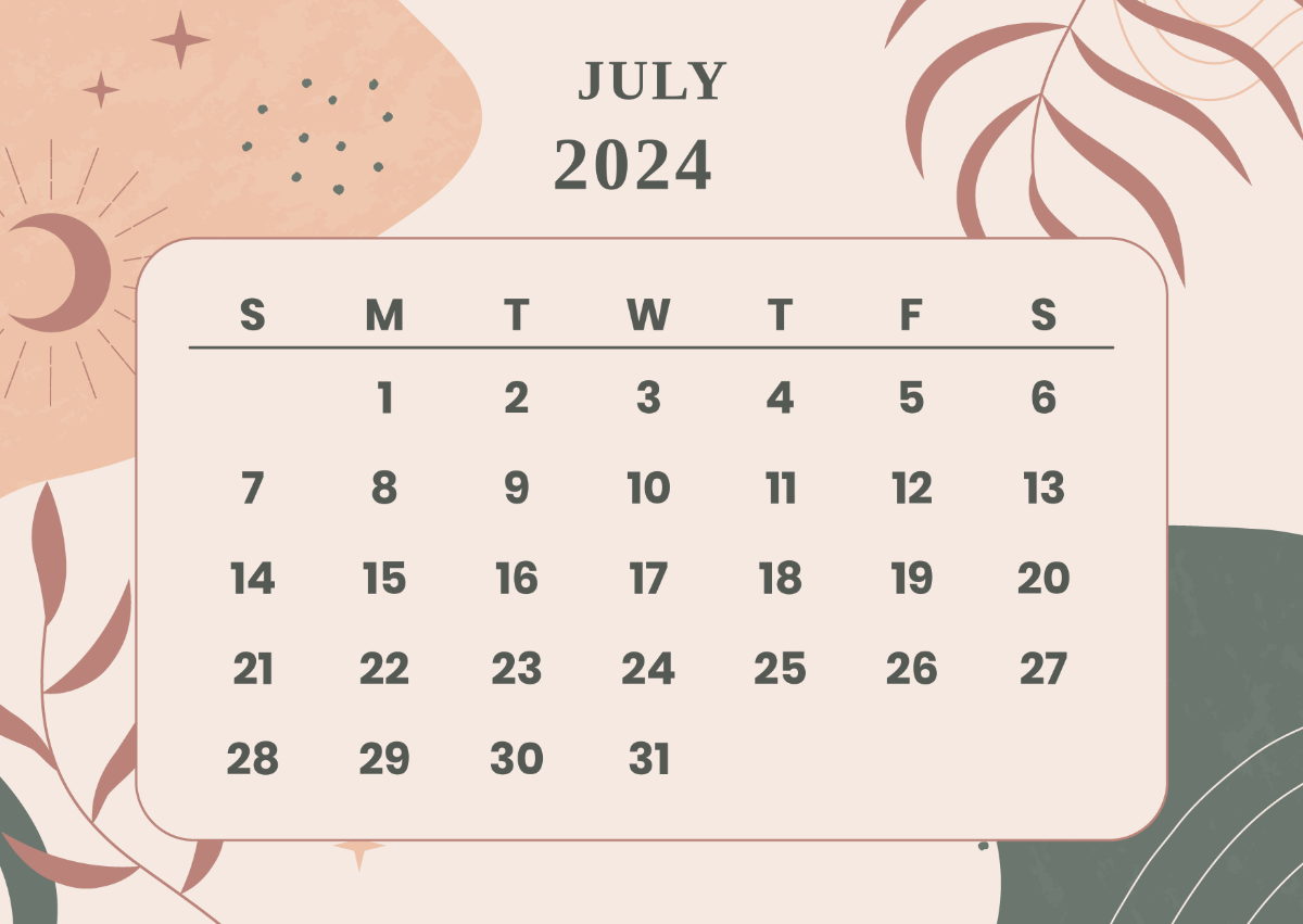 Aesthetic July Calendar 2024 Template
