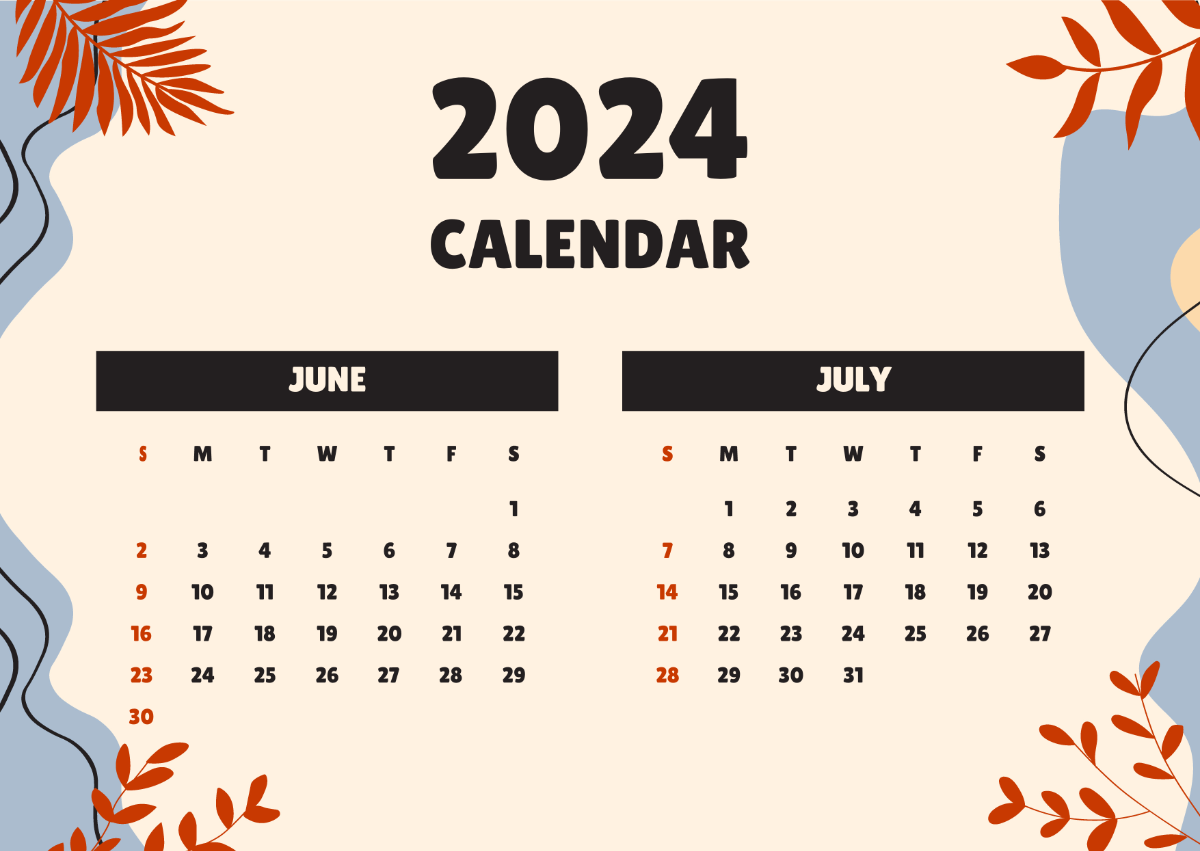 June July 2024 Calendar Template Edit Online & Download Example