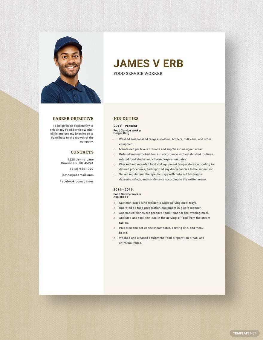 Food Service Worker Resume Download In Word Apple Pages Template