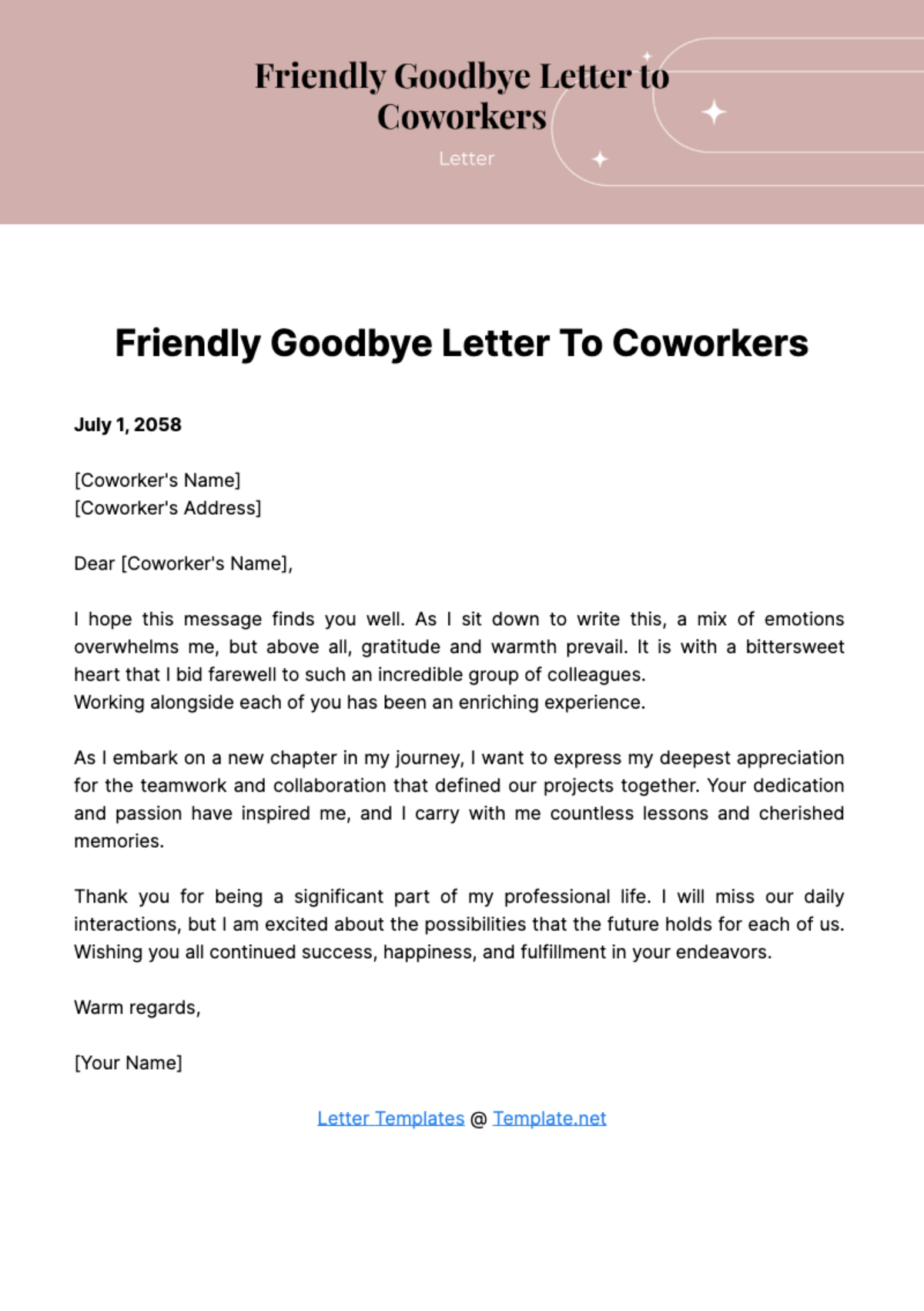 Free Friendly Goodbye Letter to Coworkers Template