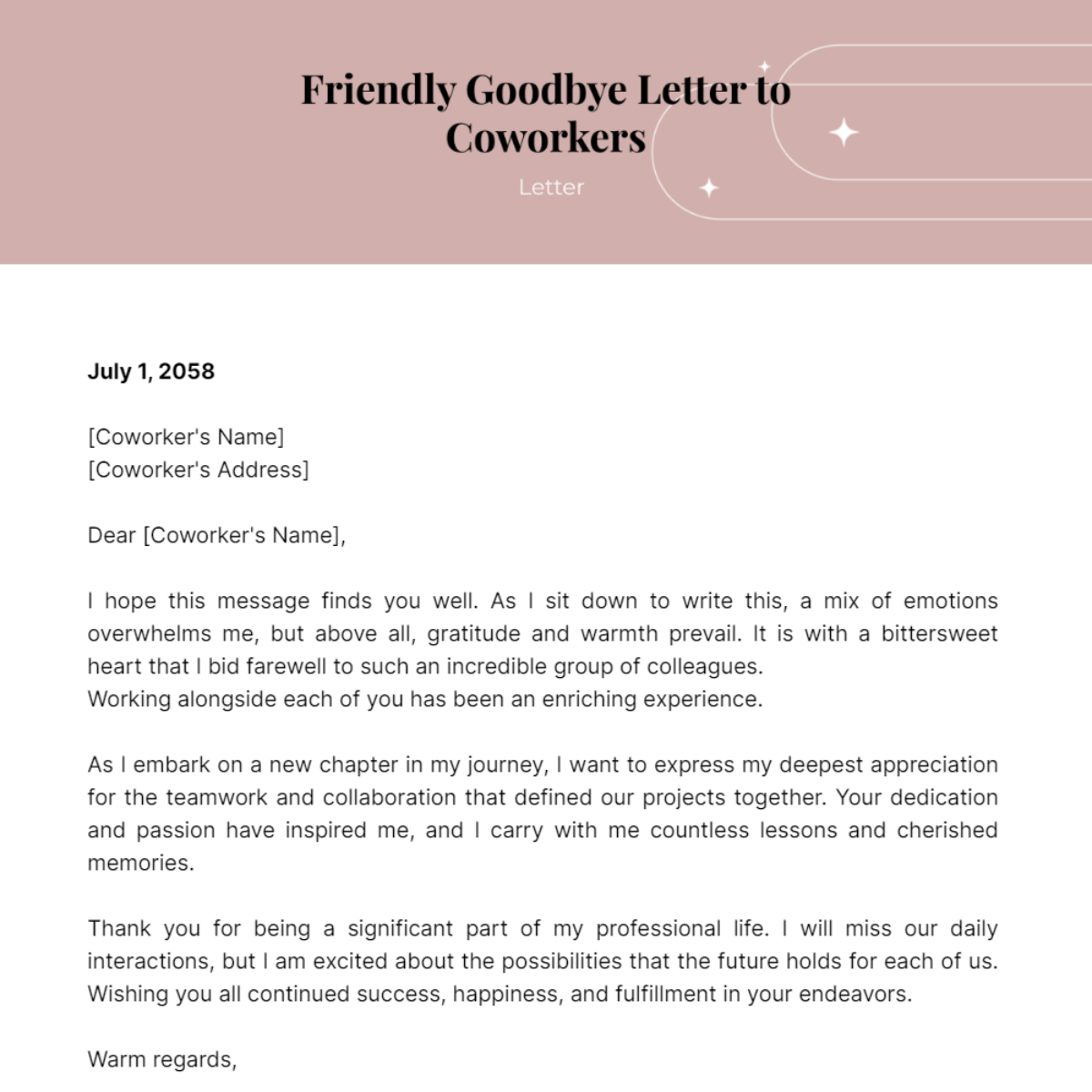 Friendly Goodbye Letter to Coworkers Template