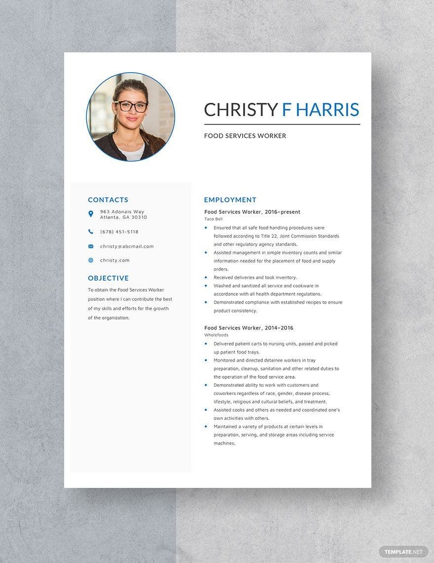 Food Services Worker Resume in Word, Apple Pages