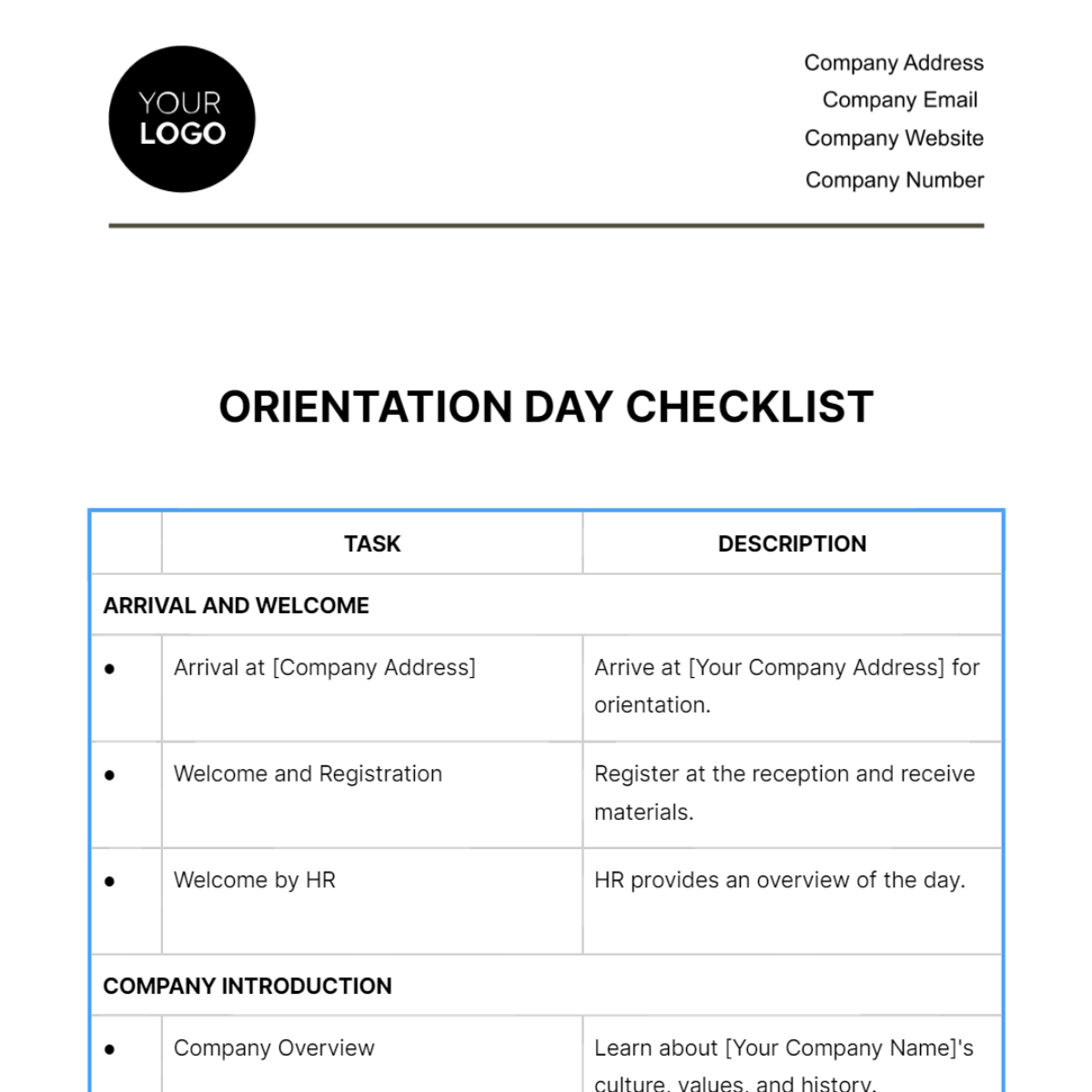 Orientation Day Checklist HR Template
