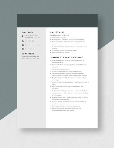Food Specialist Resume  Template