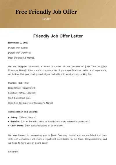 Free Friendly Job Offer Letter Template to Edit Online